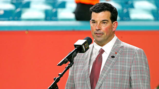 Jan 11, 2021; Miami Gardens, Florida, USA; Ohio State Buckeyes head coach Ryan Day is interviewed before playing the Alabama Crimson Tide in the 2021 CFP National Championship Game.